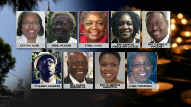 Top: Cynthia Hurd, Susie Jackson, Ethel Lance, Rev. DePayne Middleton-Doctor, Rev. Clementa Pinckney 2nd Row: Tywanza Saunders, Rev. Daniel Lee Simmons Sr.,  Rev. Sharonda Singleton, Myra Thompson CHARLESTON, S.C. — Nine people -- three men and six women -- were shot and killed during a prayer meeting Wednesday night at Emanuel A.M.E. church in Charleston, South Carolina.