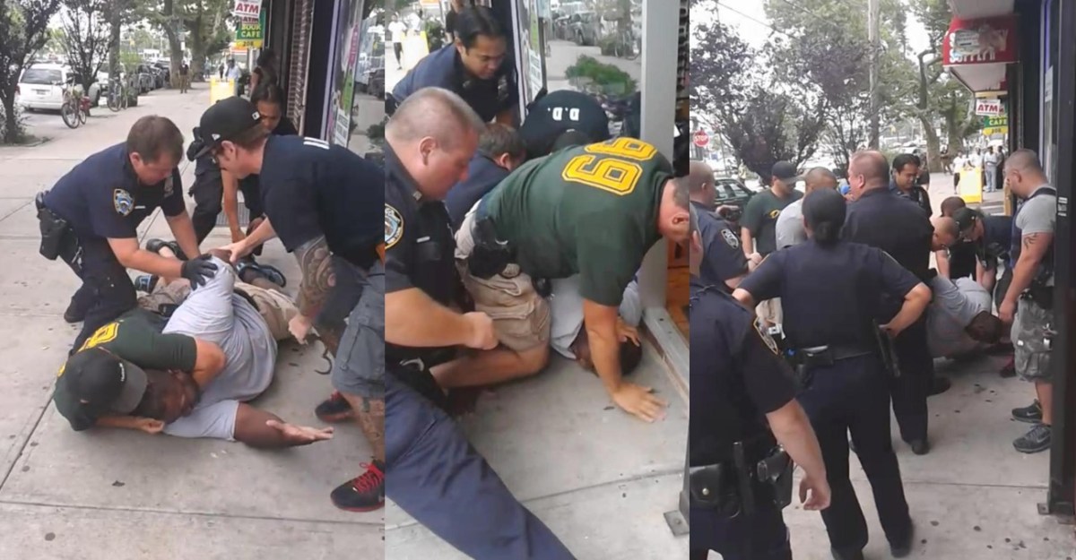 Police officers take Eric Garner down in front of a convenience store on July 17, 2014. He was choked and remained unresponsive after the police officers got off of him. He was pronounced dead shortly after. He was suspected of selling single cigarettes.