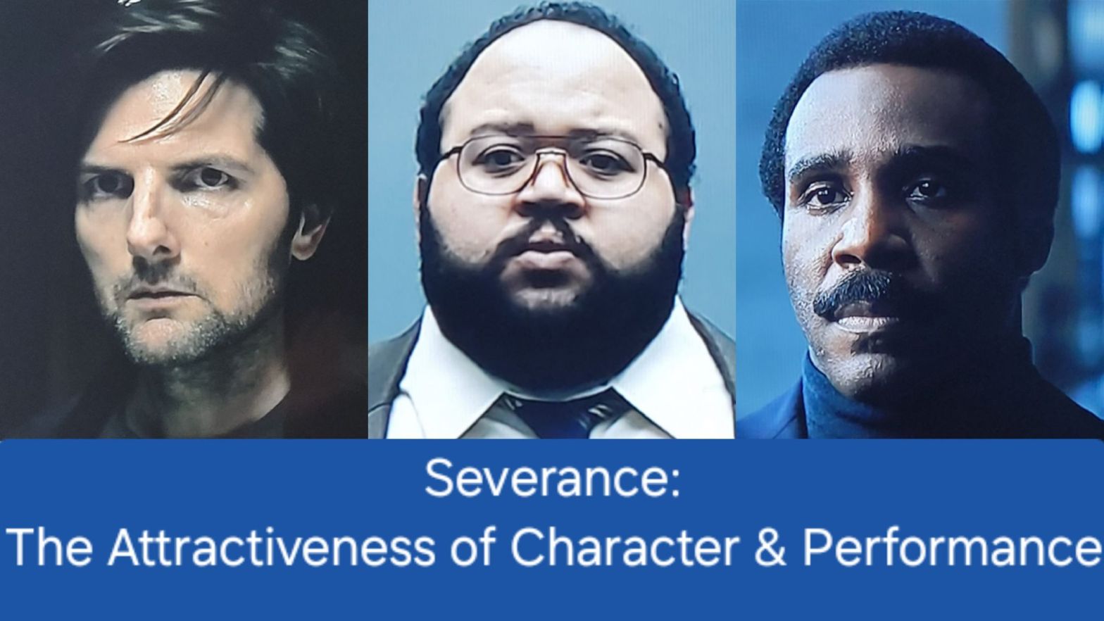 Images of Mark Scout, Dylan G and Mr. Milchick from Severance on AppleTV.